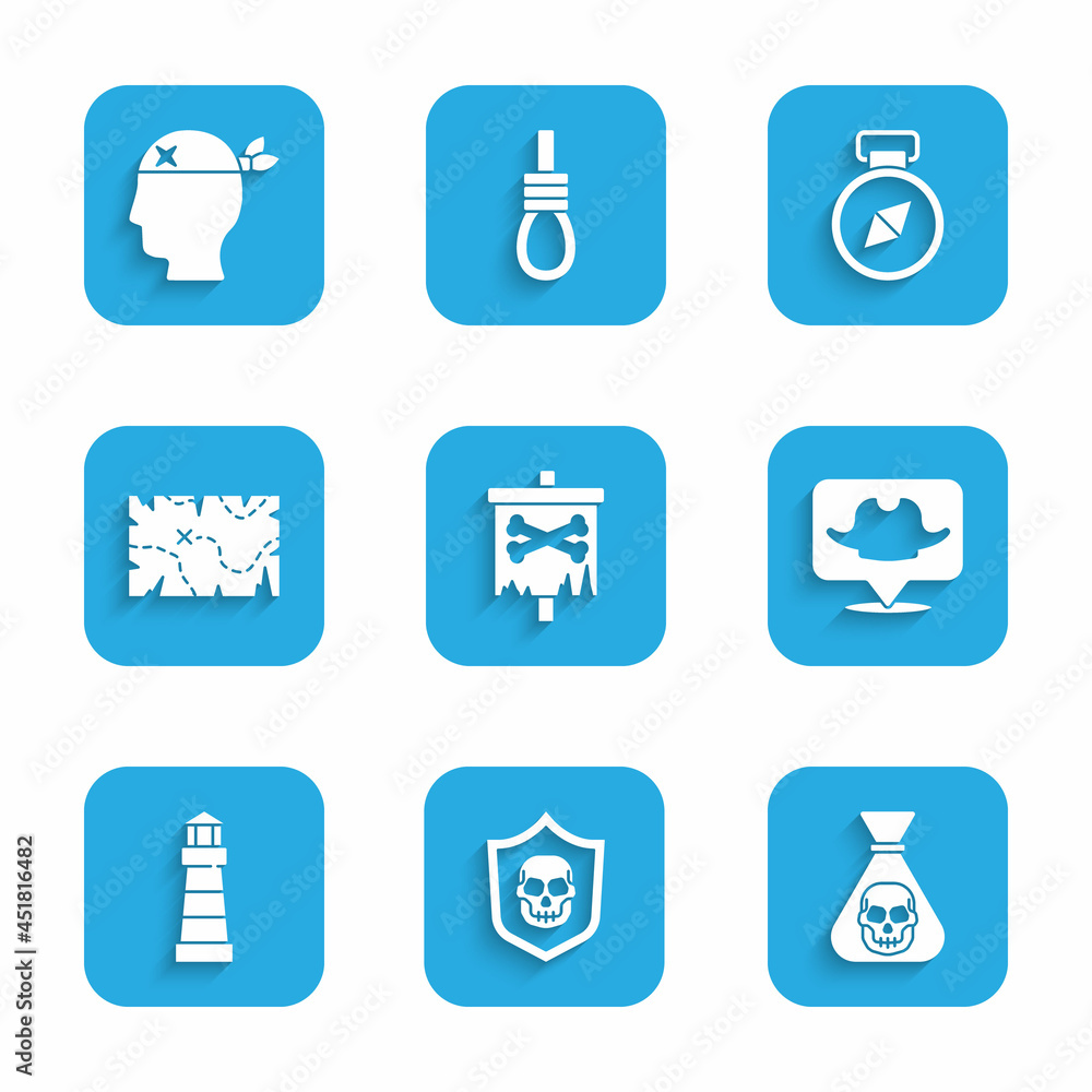 Set Pirate flag, Shield with pirate skull, coin, Location, Lighthouse, treasure map, Compass and captain icon. Vector Set Pirate flag, Shield with pirate skull, coin, Location, Lighthouse, treasure map, Compass and captain icon. Vector