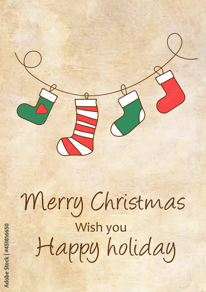 Christmas card with Christmas stocking.Vintage, retro