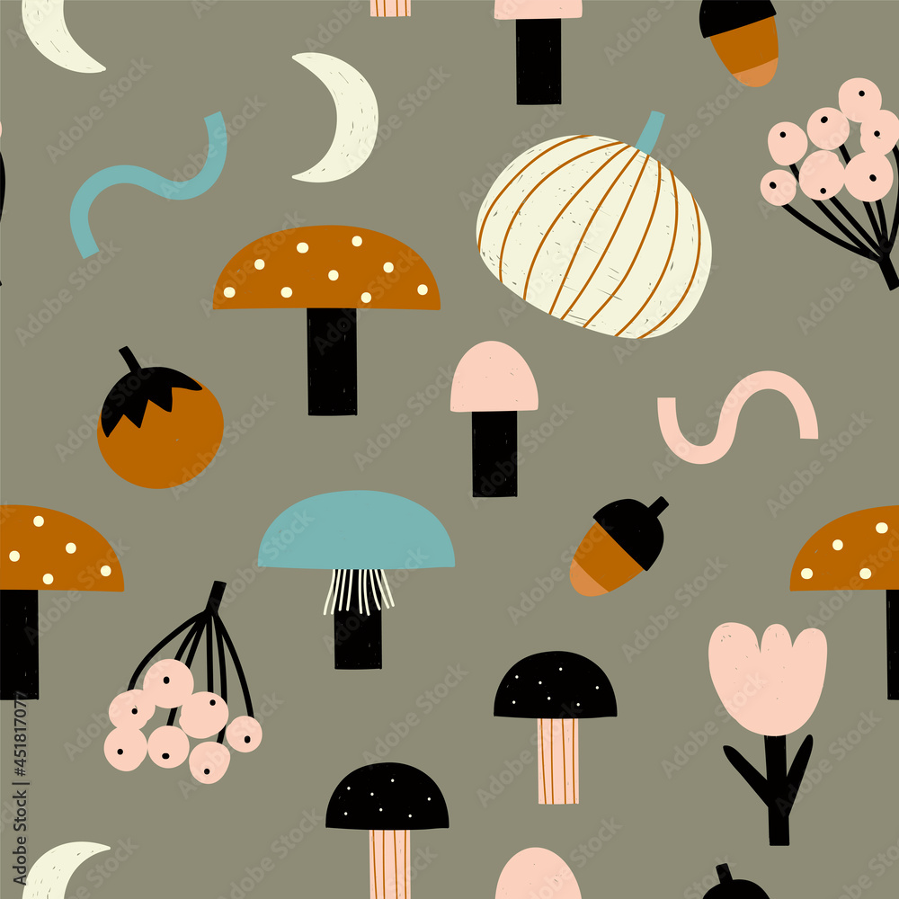 Modern hand drawn autumn pattern with abstract mushrooms, acorns, berries. Cute autumn print in childish style for fabric design, wallpaper, wrapping paper Modern hand drawn autumn pattern with abstract mushrooms, acorns, berries. Cute autumn print in childish style for fabric design, wallpaper, wrapping paper
