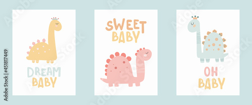 Dino baby princess poster with cute lettering. Childish simple hand draw style Pastel palette Cute print vector