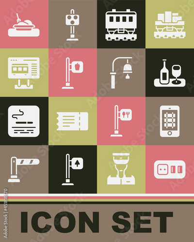 Set Electrical outlet, Buy train ticket online, Wine bottle with glass, Passenger cars, Cafe and restaurant location, Ticket office to buy tickets, Plate food and Train station bell icon. Vector