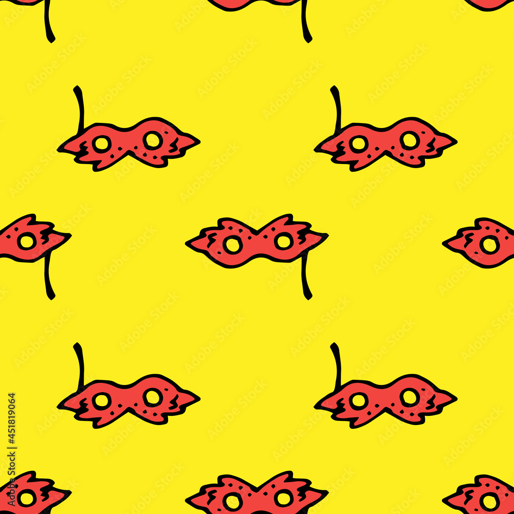 Vector pattern of masquerade masks of red colors. seamless pattern of a carnival face mask in the style of doodles, located on a yellow background for a holiday design template, postcards, labels