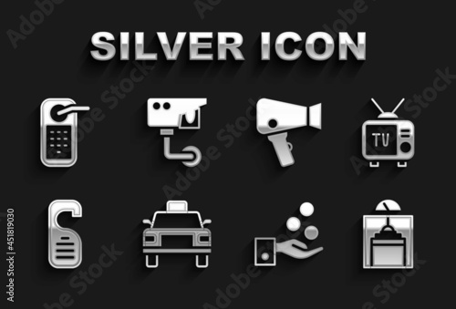 Set Taxi car, Retro tv, Lift, Paying tips, Please do not disturb, Hair dryer, Digital door lock and Security camera icon. Vector
