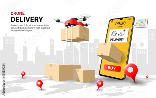 Drone Delivery Concept. Drone express delivery service with package on mobile phone. remote control air logistics by drone. Webpage, app design. 3D vector Illustration