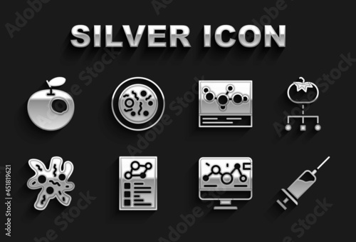 Set Clinical record, Genetically modified food, Syringe, engineering modification, Cell, Chemical formula, apple and Petri dish with bacteria icon. Vector