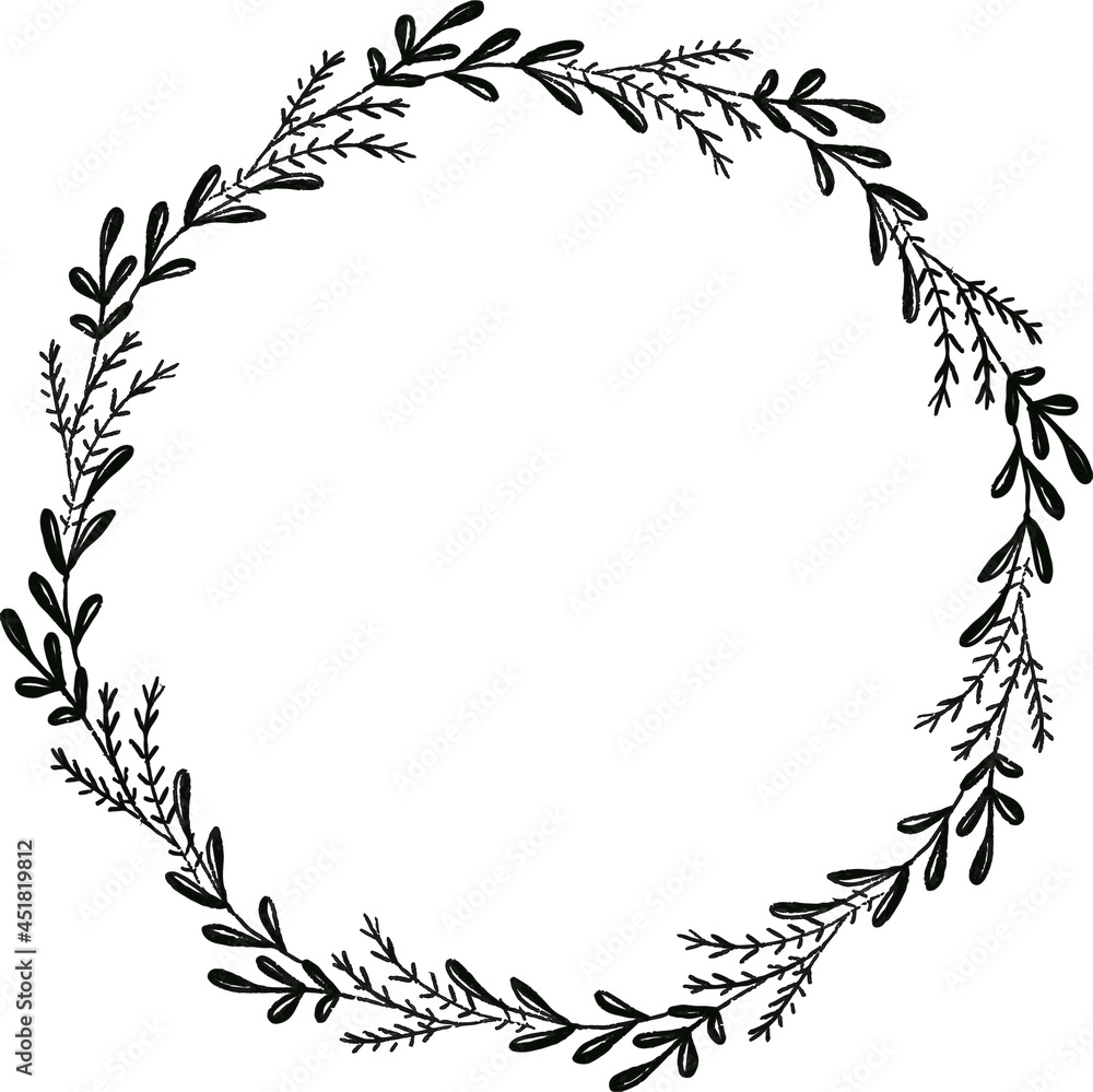 Obraz premium Black and White Hand Drawn Wreath in vector format with flowers leave and foliage. Element template for greeting card, books, sublimation and other DIY and print on demand product.
