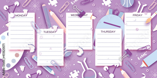 School Weekly Timetable. School Equipment on every day. Kids Schedule, Weekly Curriculum Template, School start, Schoolchild, 1 2 3 class, Purple