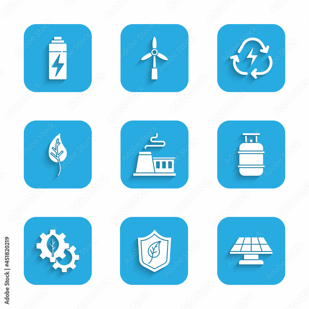 Set Factory, Shield with leaf, Solar energy panel, Propane gas tank, Leaf plant in gear machine, leaves, Battery recycle and icon. Vector Set Factory, Shield with leaf, Solar energy panel, Propane gas tank, Leaf plant in gear machine, leaves, Battery recycle and icon. Vector