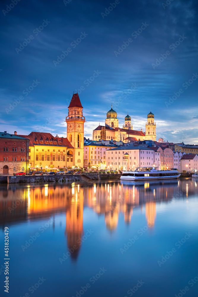 Passau Skyline, Germany. Cityscape image of Passau skyline, Bavaria, Germany at dramatic sunset.