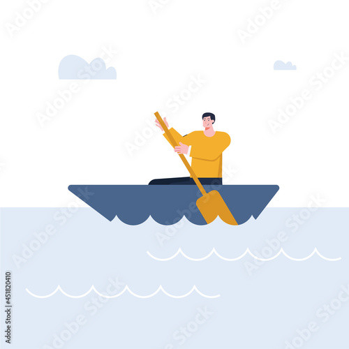 an illustration of a person a man is rowing a boat on the high seas