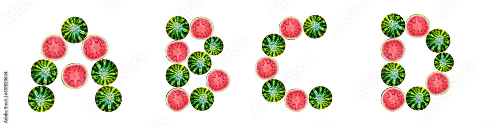Letters A, B, C, D made from sliced watermelon