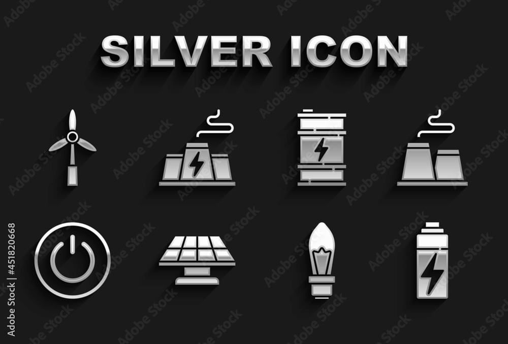 Set Solar energy panel, Factory, Battery, Light bulb, Power button, Bio fuel barrel, Wind turbine and station plant factory icon. Vector Set Solar energy panel, Factory, Battery, Light bulb, Power button, Bio fuel barrel, Wind turbine and station plant factory icon. Vector
