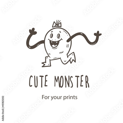 Vector card with cute cartoon monster. Funny fictional animal . Doodle line art creature print. Childrens fairy tale poster.