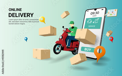 Fast delivery man by scooter on mobile with parcel box.  Online order tracking. Smart Logistic. delivery home and office. E-commerce concept. website, banner,app design. 3d vector illustration