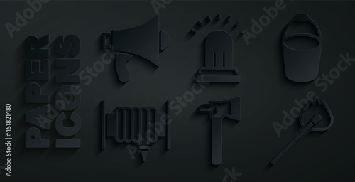 Set Firefighter axe, bucket, hose reel, Burning match with fire, Ringing alarm bell and Megaphone icon. Vector
