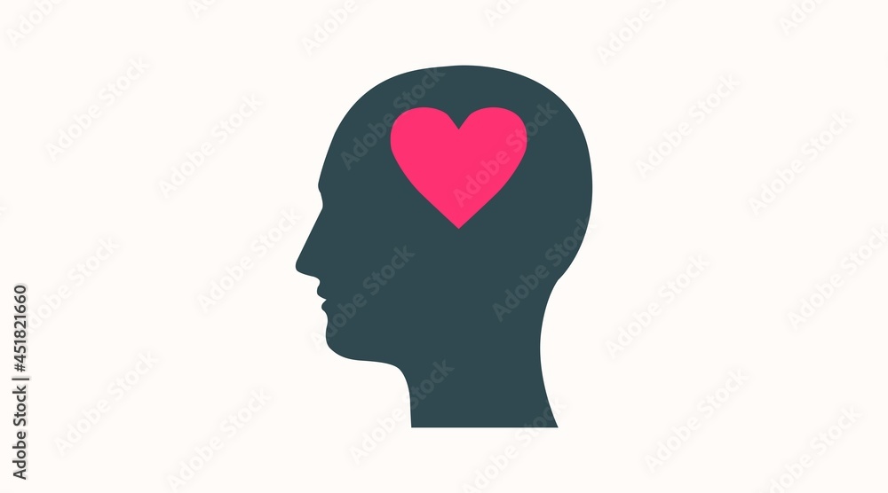 Head with a Heart Icon. Vector flat editable isolated illustration of a human head silhouette with a heart Head with a Heart Icon. Vector flat editable isolated illustration of a human head silhouette with a heart