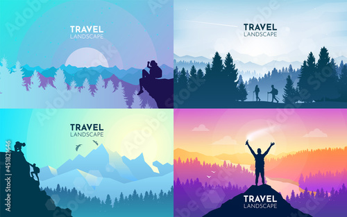 Girl watches nature, climbing to the top, friends going hike, teamwork, support of friends. Landscapes set. Travel concept of discovering, exploring, observing nature. Hiking. Adventure tourism.