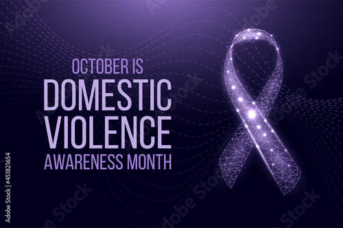 Domestic Violence Awareness Month concept.  Banner template with glowing low poly purple ribbon. Futuristic modern abstract background. Vector illustration.