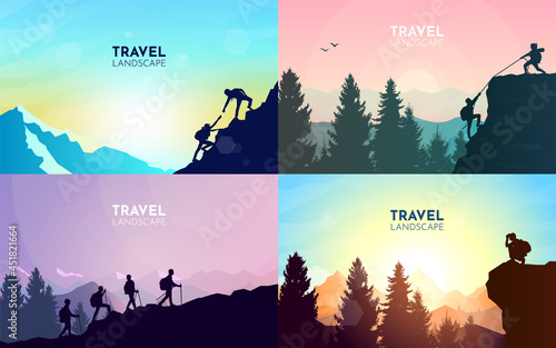 A man watches nature, climbing to the top, friends going hike, teamwork, support of friends. Landscapes set. Travel concept of discovering, exploring, observing nature. Hiking. Adventure tourism.