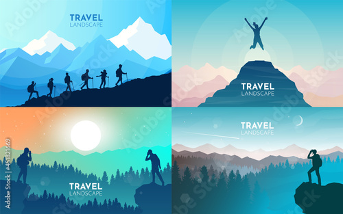 Climbing to the top. Travel concept of discovering, exploring, observing nature. Hiking tourism. Adventure. Minimalist graphic flyers. Polygonal flat design. Collection set of vector illustrations.