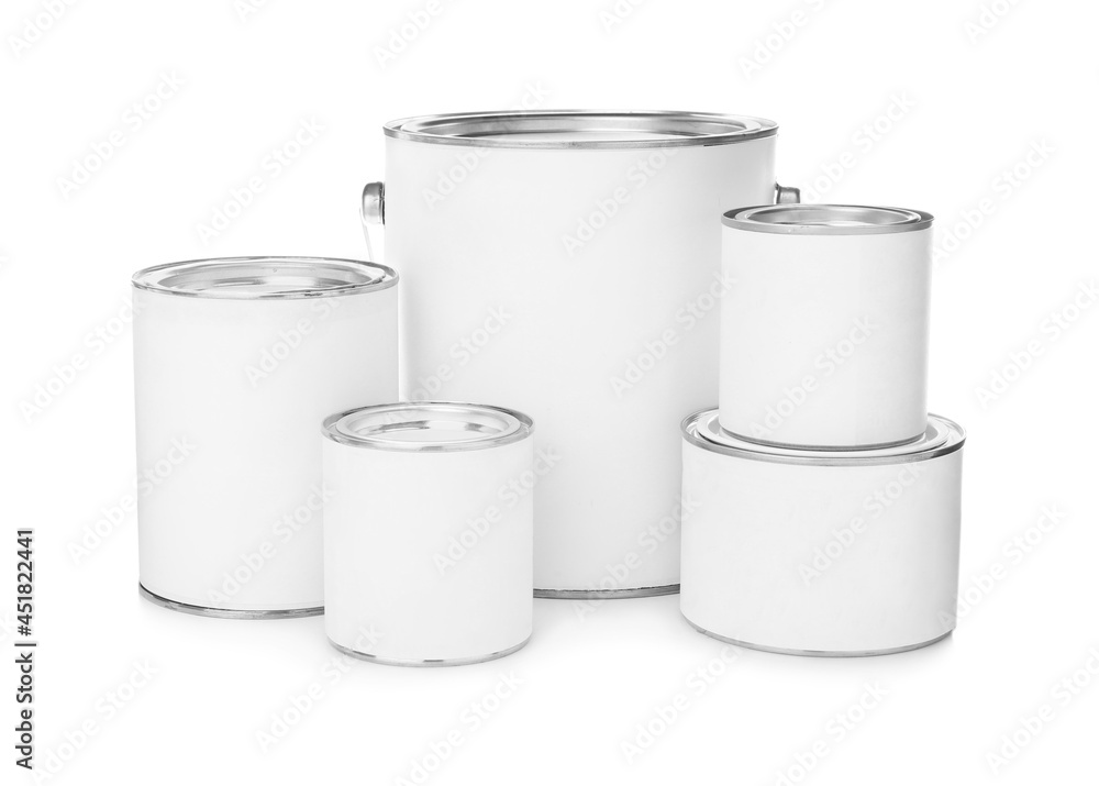 Set of different paint cans on white background. Mockup for design Set of different paint cans on white background. Mockup for design