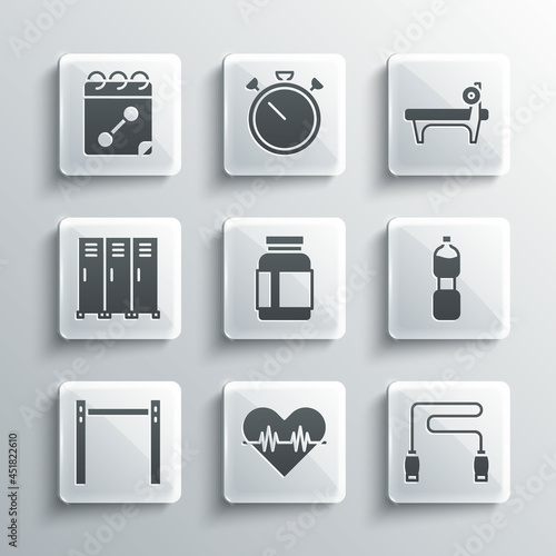 Set Heart rate, Jump rope, Bottle of water, Sports nutrition, Horizontal bar, Locker changing room, Calendar fitness and Bench with barbel icon. Vector