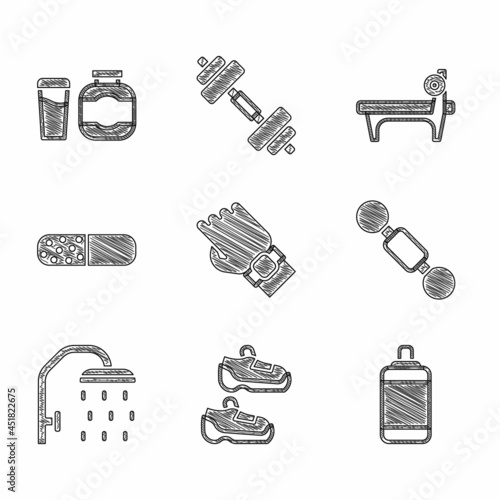 Set Smart watch on hand, Sport sneakers, Punching bag, Dumbbell, Shower head, Vitamin pill, Bench with barbel and Sports nutrition icon. Vector