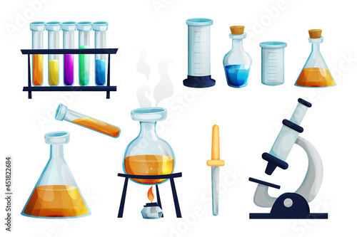 Laboratory set with glass flask with burner, test tubes with liquid, beaker, glass dropper chemistry research in cartoon style isolated on white background. Alchemy, study lab equipment. 