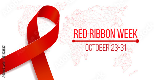 Red ribbon week concept. Banner with red ribbon awareness and text. Vector illustration.
