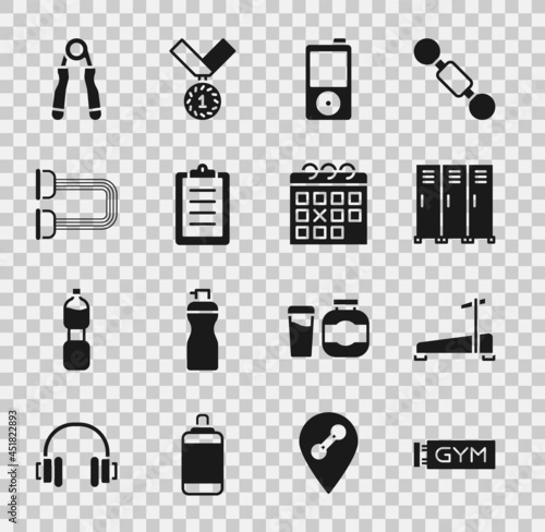 Set Location gym, Treadmill machine, Locker or changing room, Music player, Sport training program, Chest expander, and Calendar fitness icon. Vector