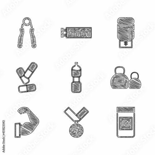 Set Bottle of water, Medal, Anabolic drugs, Kettlebell, Bodybuilder muscle, Vitamin pill, Boxing glove and Sport expander icon. Vector