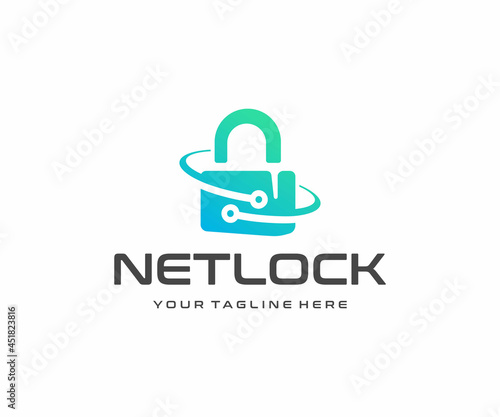 Cybersecurity and information technology logo design. Data protection and privacy information management system vector design. Internet technology and padlock with circuit logotype