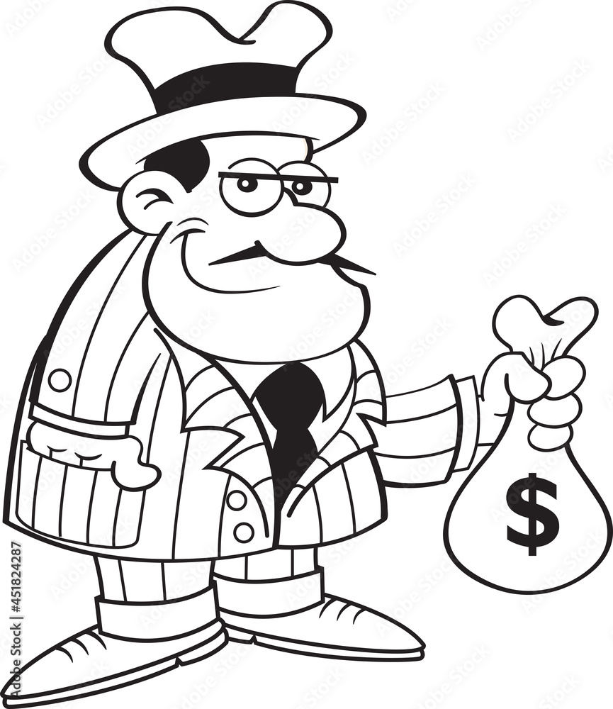 Black and white illustration of a criminal in a suit holding a bag of money. Black and white illustration of a criminal in a suit holding a bag of money.
