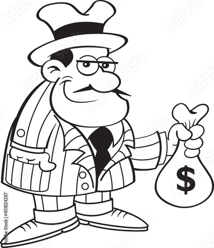 Black and white illustration of a criminal in a suit holding a bag of money.