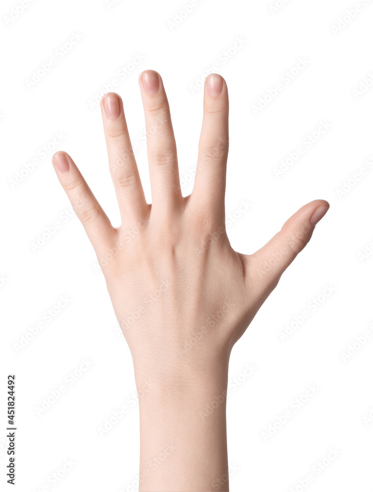 Woman against white background, closeup of hand Woman against white background, closeup of hand