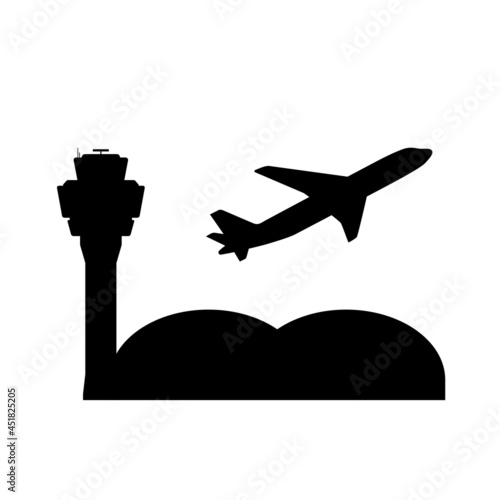 airport symbol with air traffic control tower and plane taking off, vector illustration