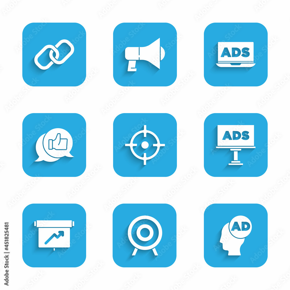 Set Target sport, Advertising, Board with graph chart, Customer product rating, and Chain link icon. Vector Set Target sport, Advertising, Board with graph chart, Customer product rating, and Chain link icon. Vector