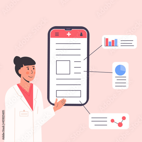 Medical scientist with diagrams and molecule. Male therapist in gown gives diagnosis. Doctor in white scrubs explains and gives advice. Vector illustration.