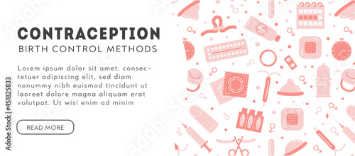 Birth control methods horizontal banner template with place for text. Contraception colored flat icons. Vector elements for safe sex. Female and male contraceptive items. Flat style background.