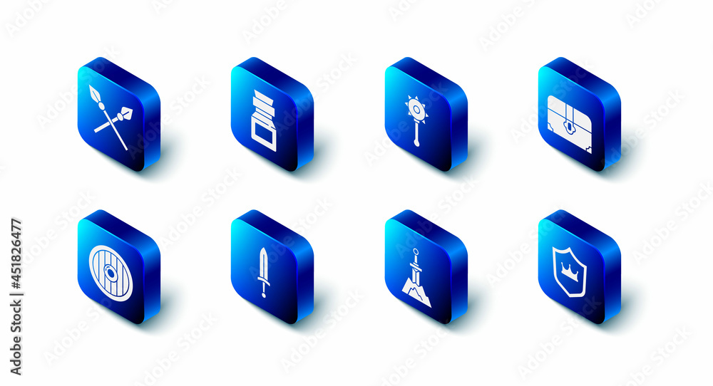 Set Poison in bottle, Medieval chained mace ball, Antique treasure chest, Shield with crown, Sword the stone, sword, Round wooden shield and Crossed medieval spears icon. Vector Set Poison in bottle, Medieval chained mace ball, Antique treasure chest, Shield with crown, Sword the stone, sword, Round wooden shield and Crossed medieval spears icon. Vector