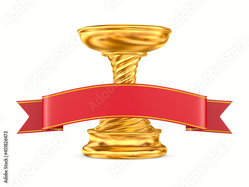 gold trophy cup and red rib...