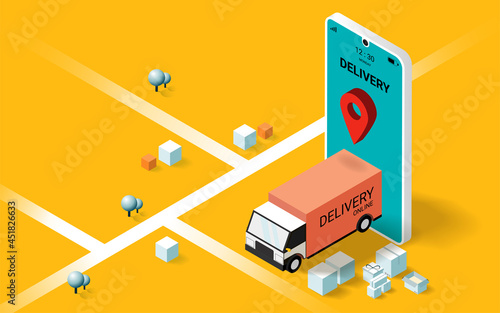 Online delivery on mobile with road and navigation, Smart logistics, Online order. City logistics. Truck, warehouse and parcel box. website, banner. Isometric Vector illustration