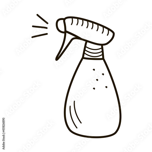 Spray bottle or pulverizer vector linear icon, contour template, doodle style.