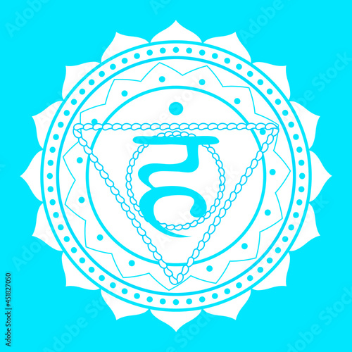 Line drawing.The fifth chakra of Vishudha. Throat chakra with Hindu Sanskrit. Blue is a flat symbol of meditation, yoga. Vector