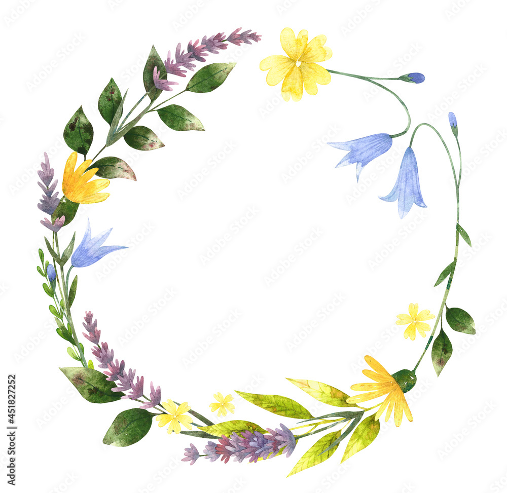 Watercolor wreath with wild wildflowers in rustic chic. Delicate wreath with lupines, bells and wild herbs. Suitable for cards, invitations and decorating your celebration Watercolor wreath with wild wildflowers in rustic chic. Delicate wreath with lupines, bells and wild herbs. Suitable for cards, invitations and decorating your celebration