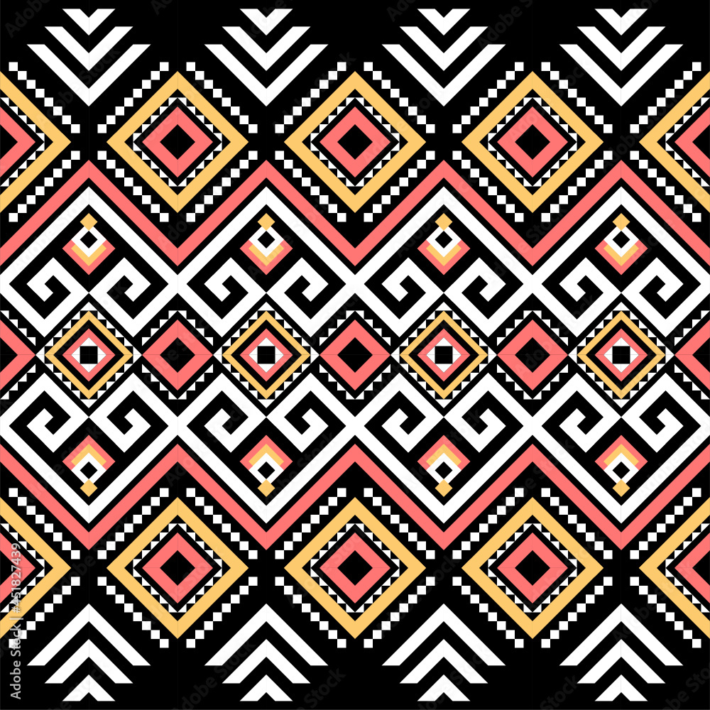 Ethnic pattern on. Black background, vector seamless pattern with yellow, pink, and white. Traditional geometric pattern design. Textile abstract pattern