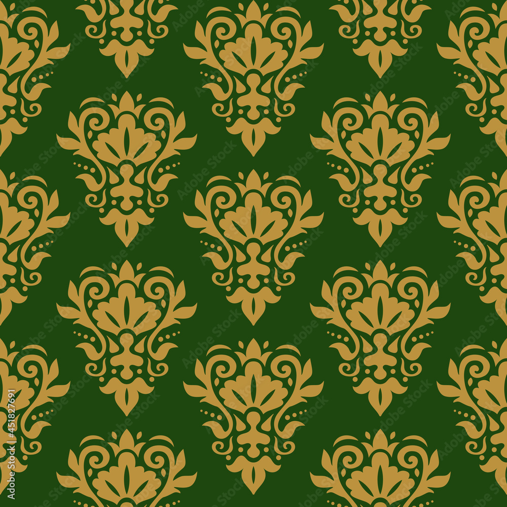 Obraz premium Damask seamless pattern. Decorative wallpaper. Damask trendy ornament. Gold ornament on a dark green background. Vector texture.