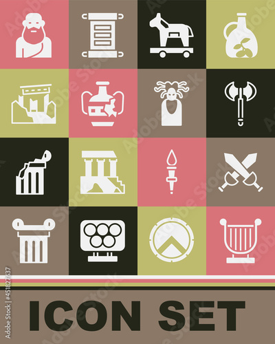 Set Ancient lyre, Crossed medieval sword, Medieval axe, Trojan horse, Broken amphorae, ruins, Socrates and Medusa Gorgon icon. Vector