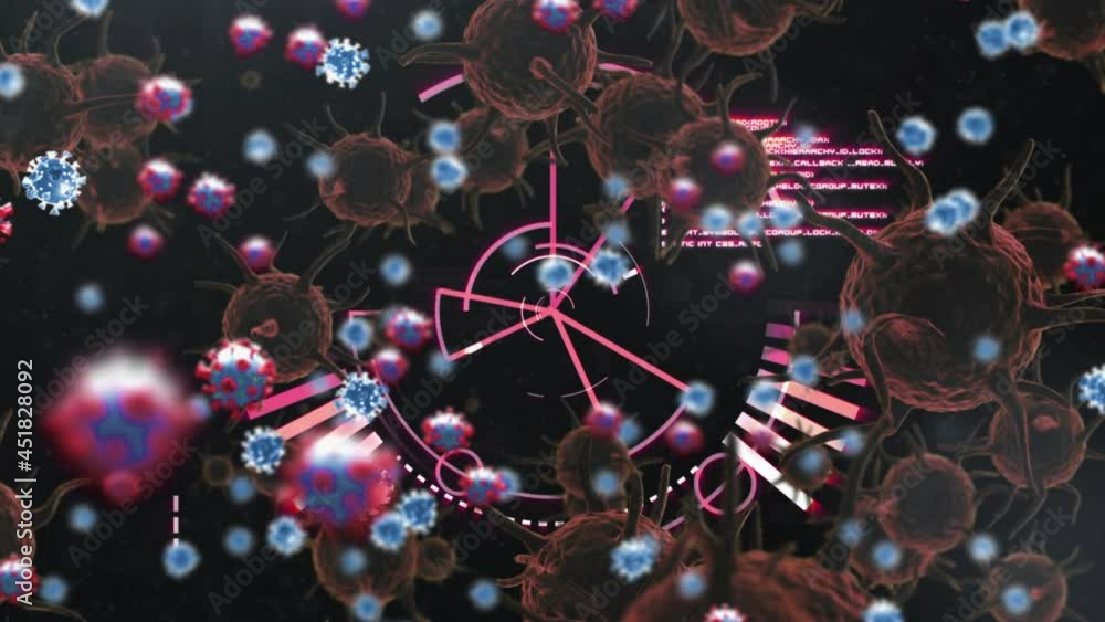 Animation of coronavirus cells over data processing Animation of coronavirus cells over data processing