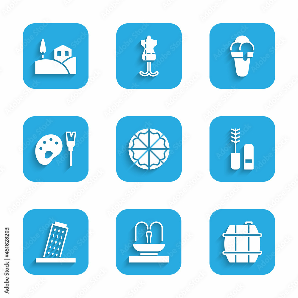 Set Pizza, Fountain, Barrel for wine, Mascara brush, Tower Pisa, Paint with palette, Ice cream and Village landscape icon. Vector Set Pizza, Fountain, Barrel for wine, Mascara brush, Tower Pisa, Paint with palette, Ice cream and Village landscape icon. Vector